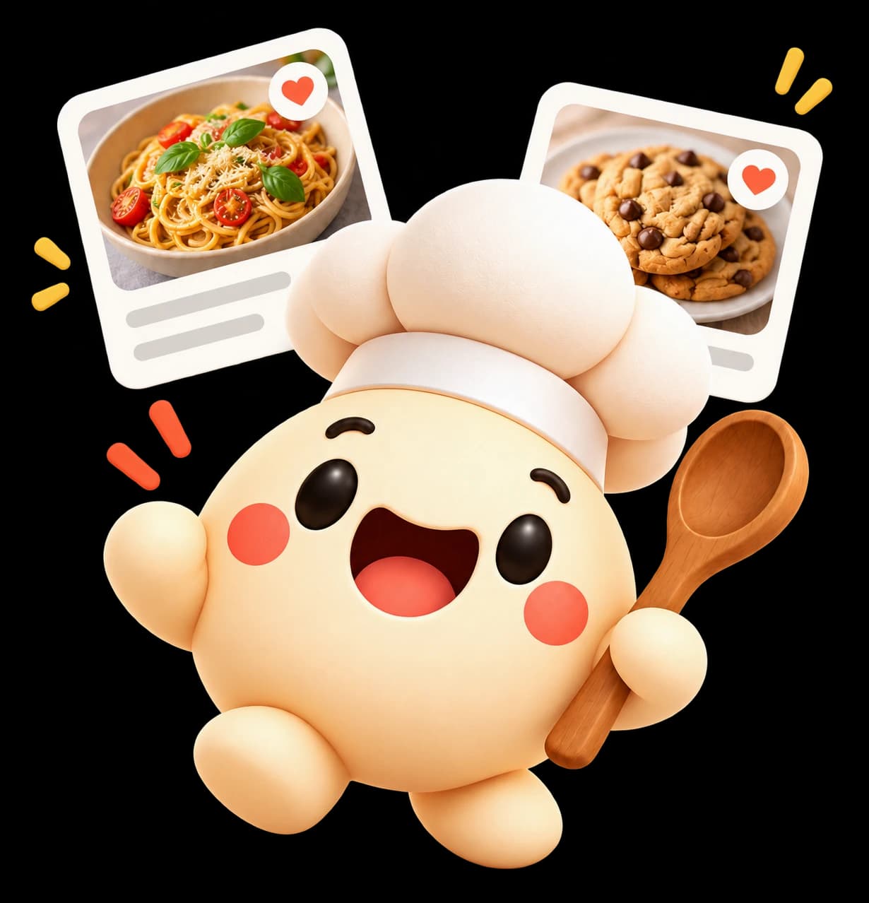 Bunpy, a cheerful little chef, with pasta and cookie recipe cards